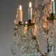 Bronze cage chandelier adorned with molded glass pendants in the shape of peacock feathers, circa 1800