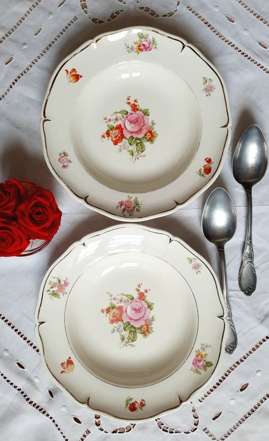 Old mismatched earthenware soup plates