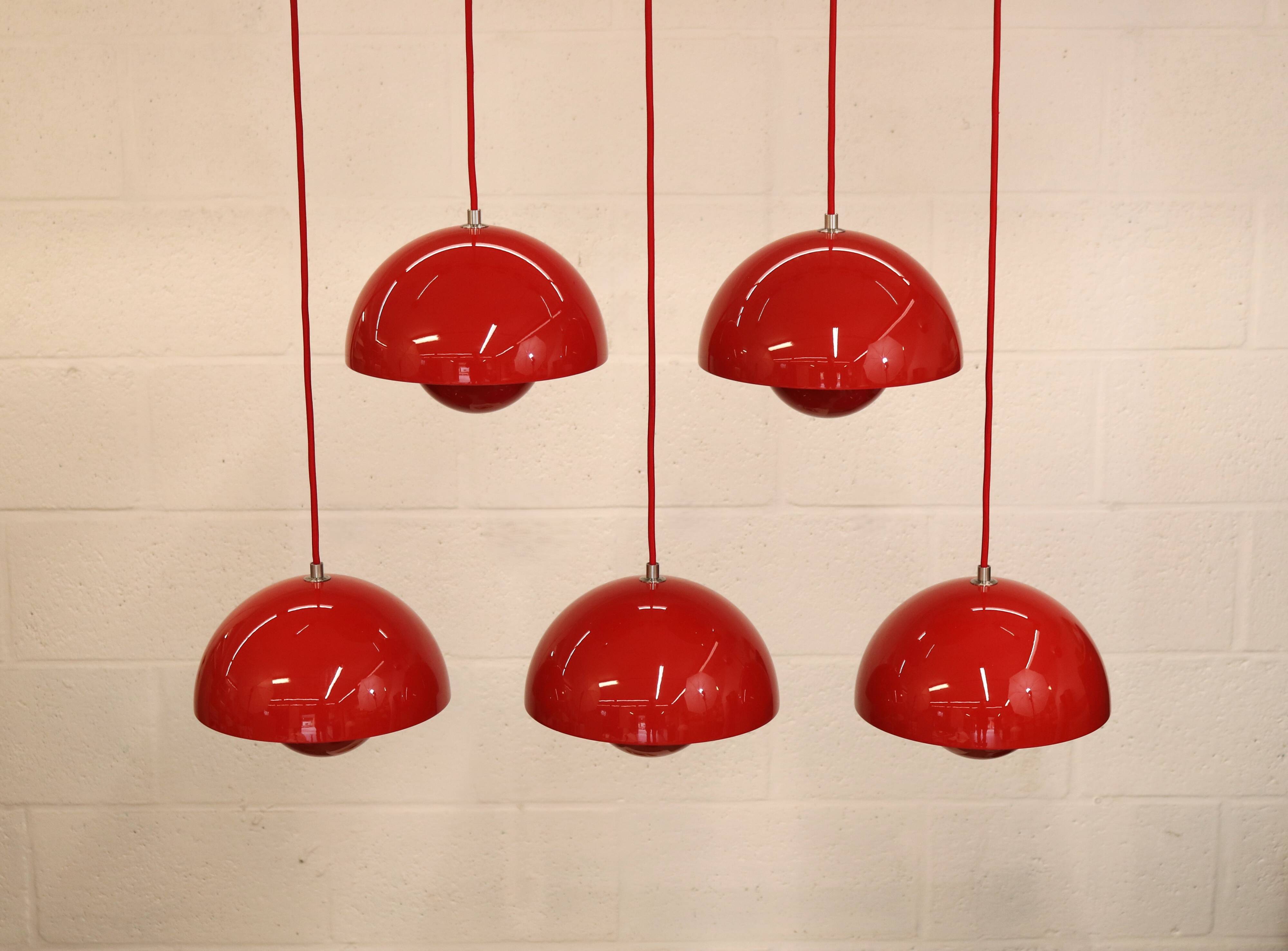 Iconic VP1 cherry red enamel flowerpot lamps designed by Verner Panton - &t