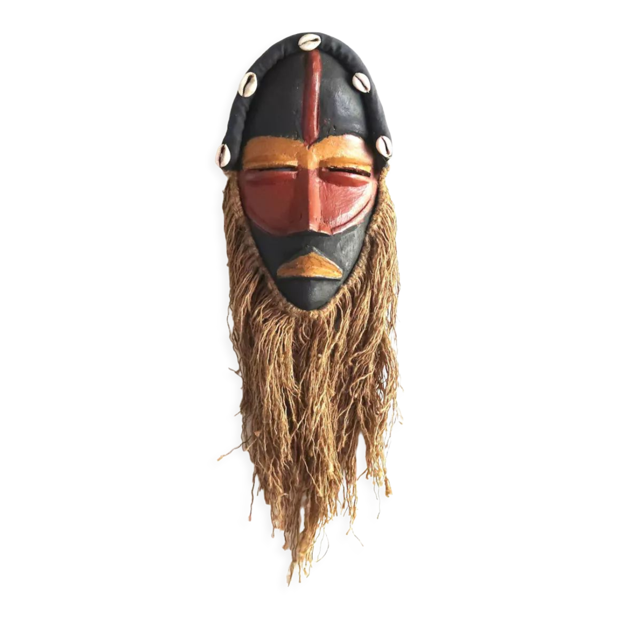 African wooden mask with shells and rope