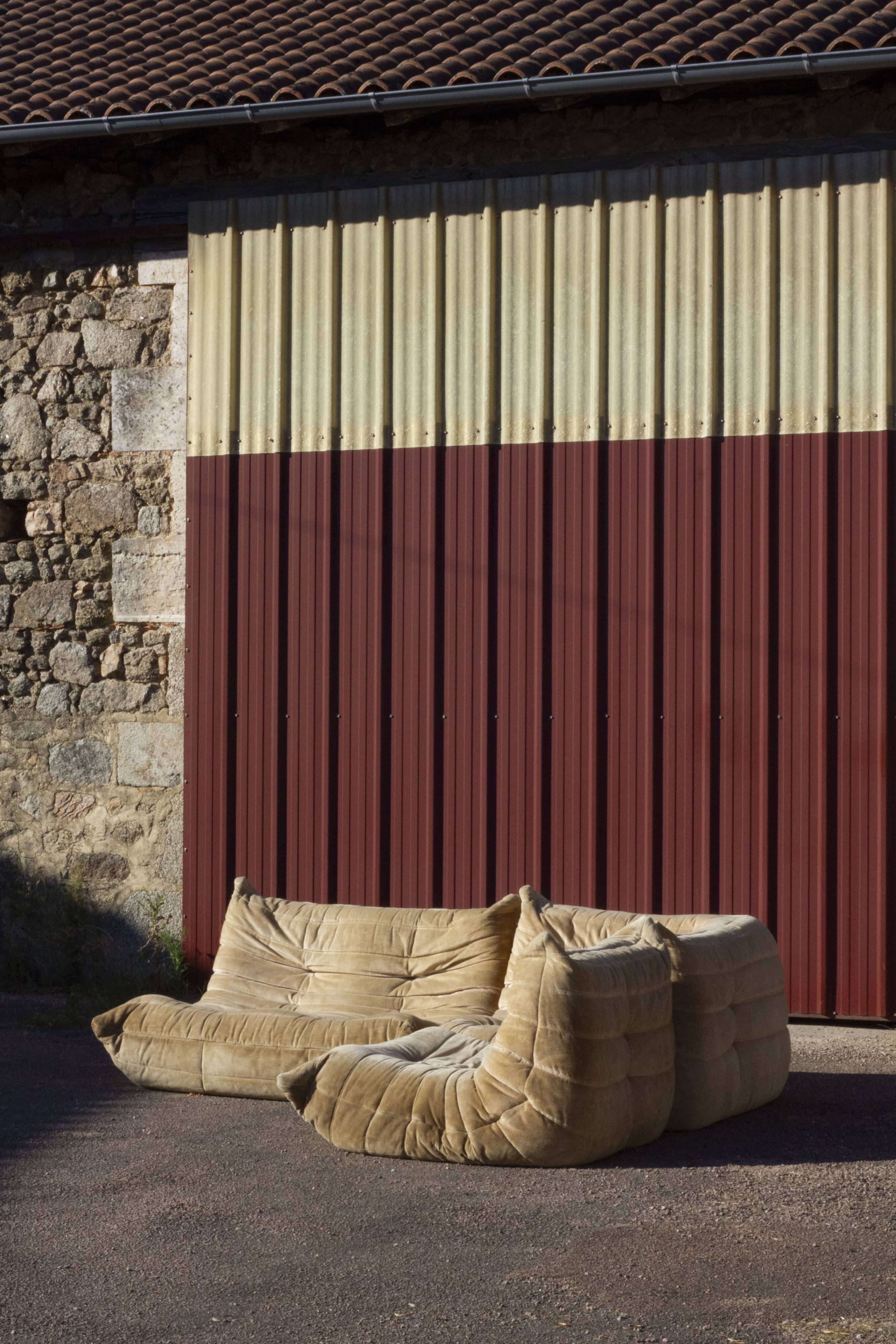 Canapé Togo 4 places en velours beige par Michel Ducaroy, Ligne Roset, 1973