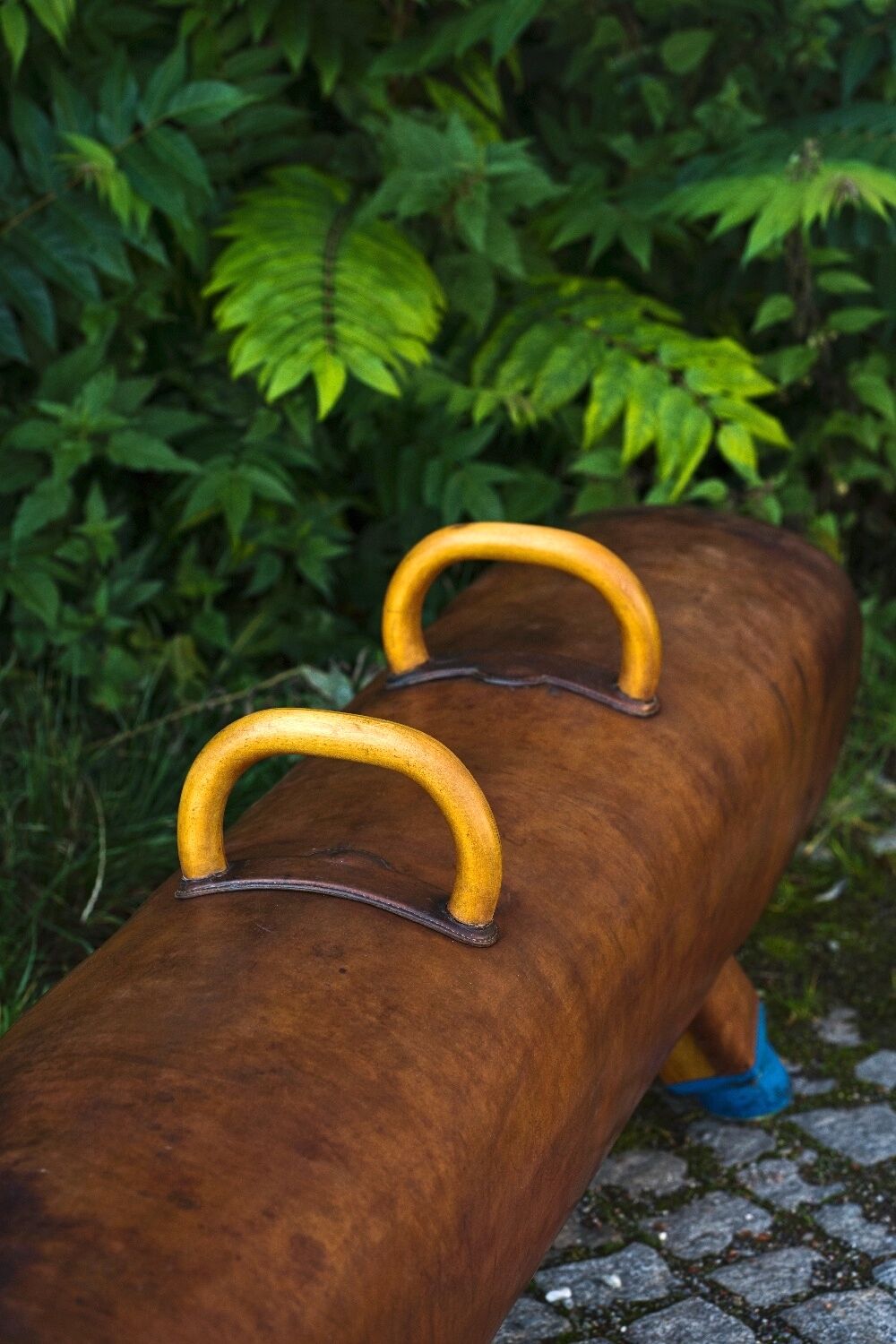 Gymnastic Leather Pommel Horse Bench with Wooden Handles, 1920s