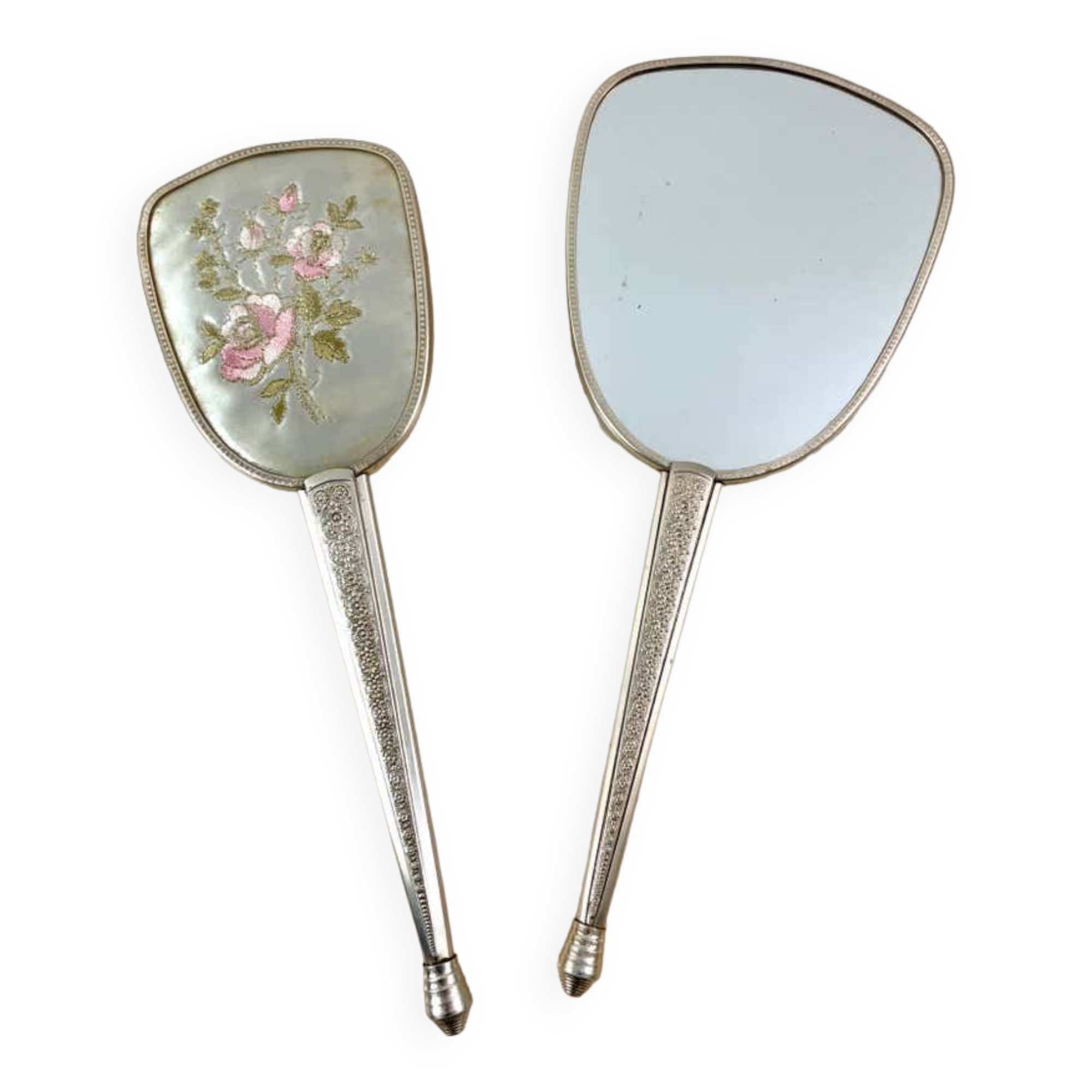 Toiletry set - metal and silk brush and hand mirror England from the 50s