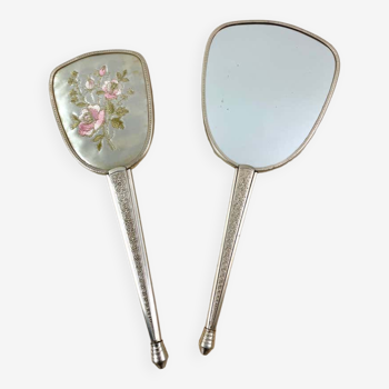 Toiletry set - metal and silk brush and hand mirror England from the 50s