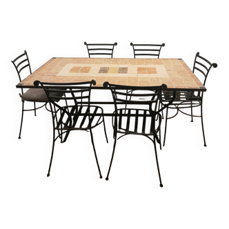 Iron table with marble tile top and 6 chairs