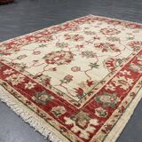 Traditional Cream Wool Rug, Small Red Floral Oriental Carpet 86x123 cm