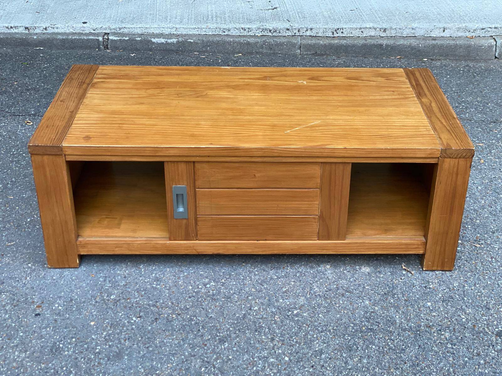 Solid wood coffee table with sliding door, stained pine, 120x60cm.