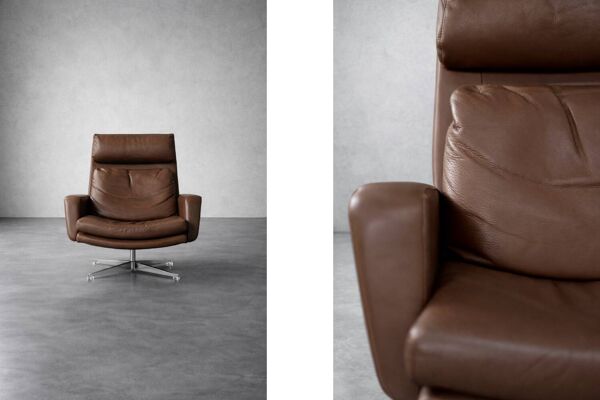 Vintage Mid-Century Danish Modern Brown Leather Swivel Chair & Ottoman