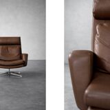 Vintage Mid-Century Danish Modern Brown Leather Swivel Chair and Ottoman