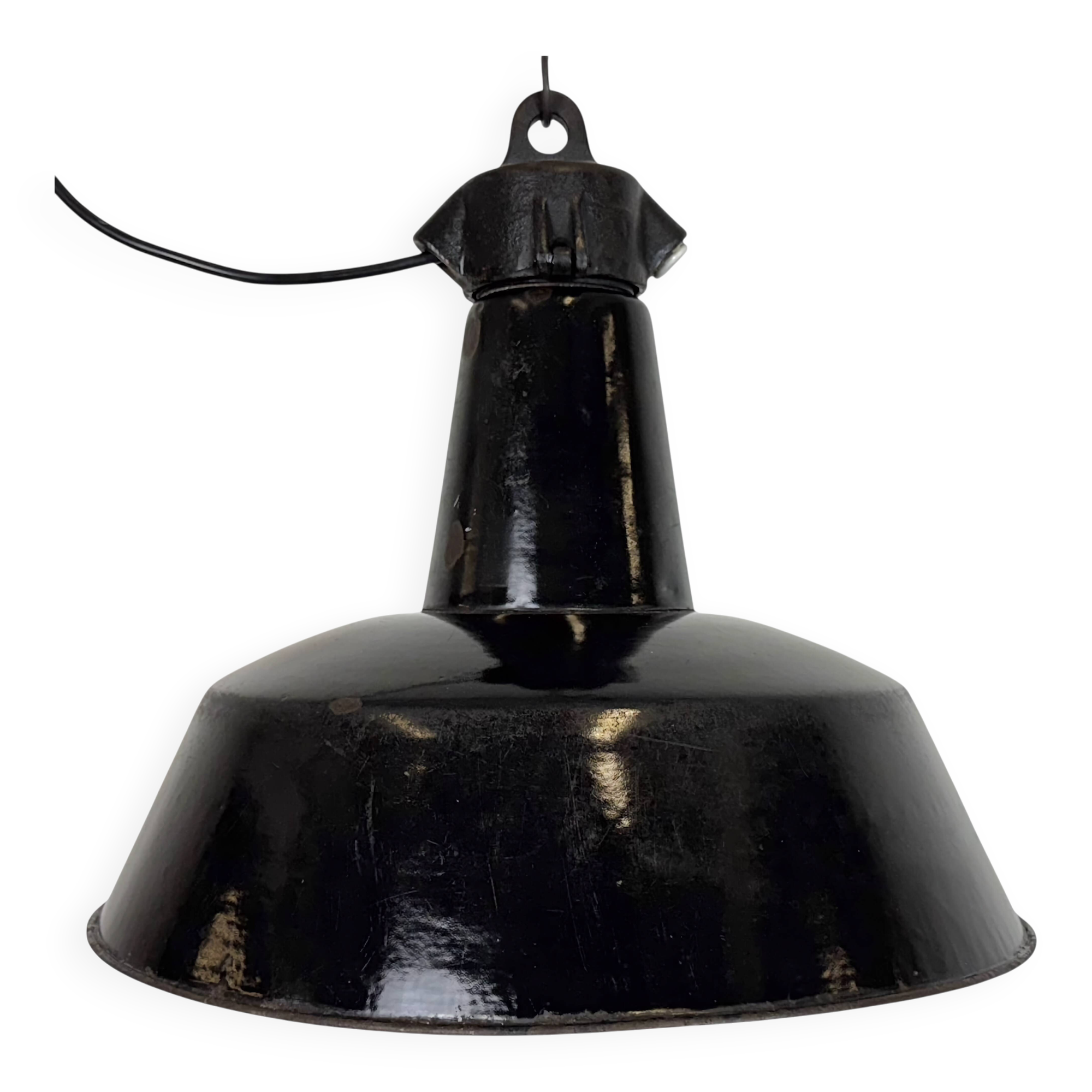 Industrial Black Enamel Factory Lamp with Cast Iron Top, 1950s