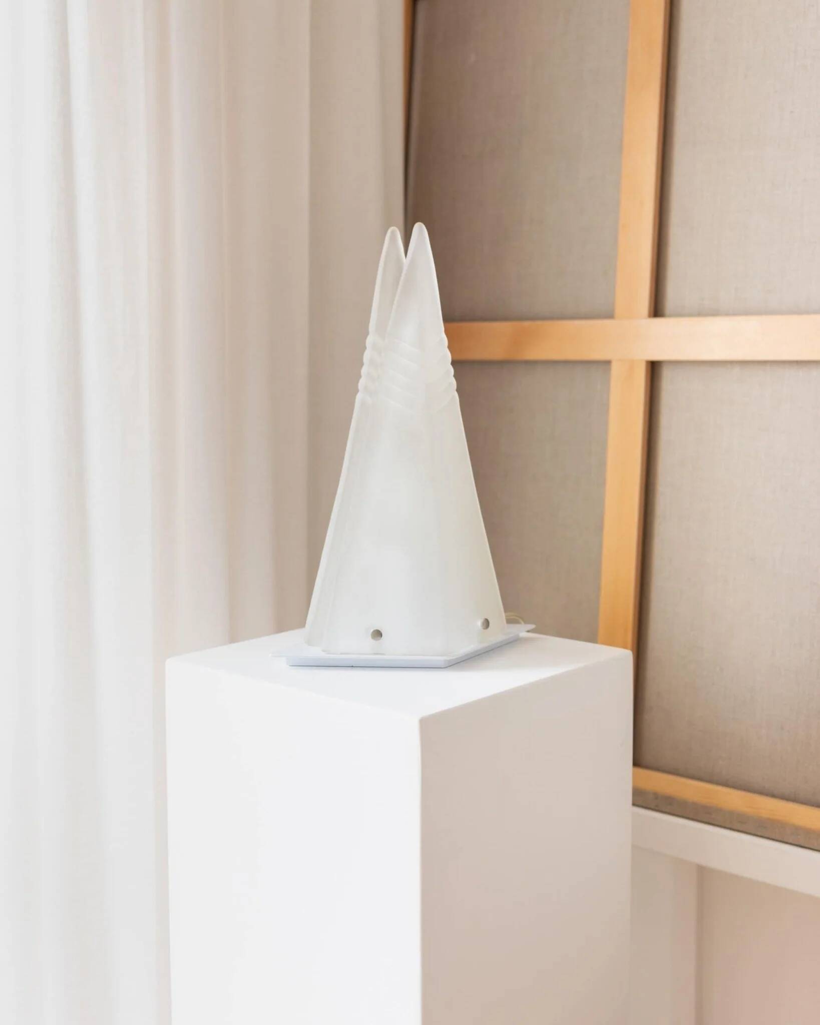 Milky White Murano Frosted Glass Pyramid Table Lamp with White Metal Base - Italian Space Age Design, 1970s