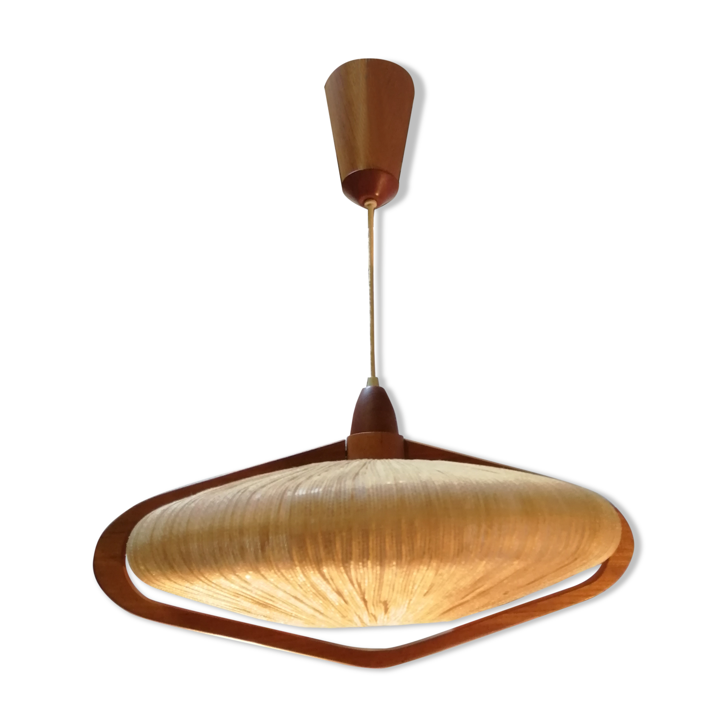 Sisal Ufo pendant lamp and vintage teak by Temde Leuchten