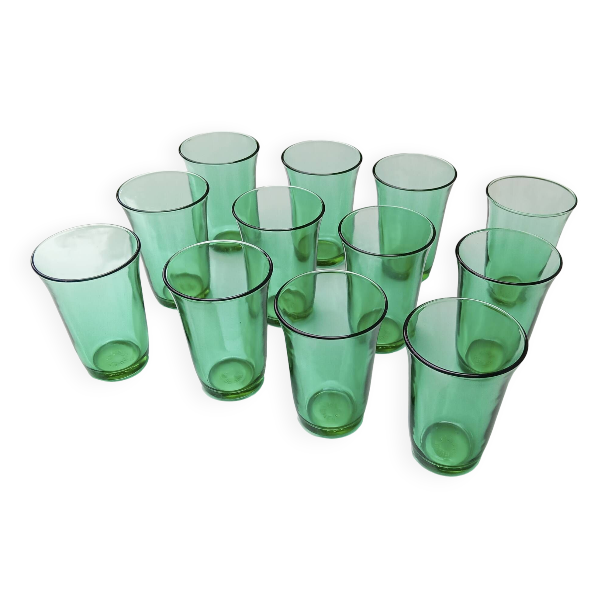 12 vintage Lesieur green glasses.