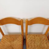 Set of 4 vintage brutalist chairs in light wood and straw from the 70s