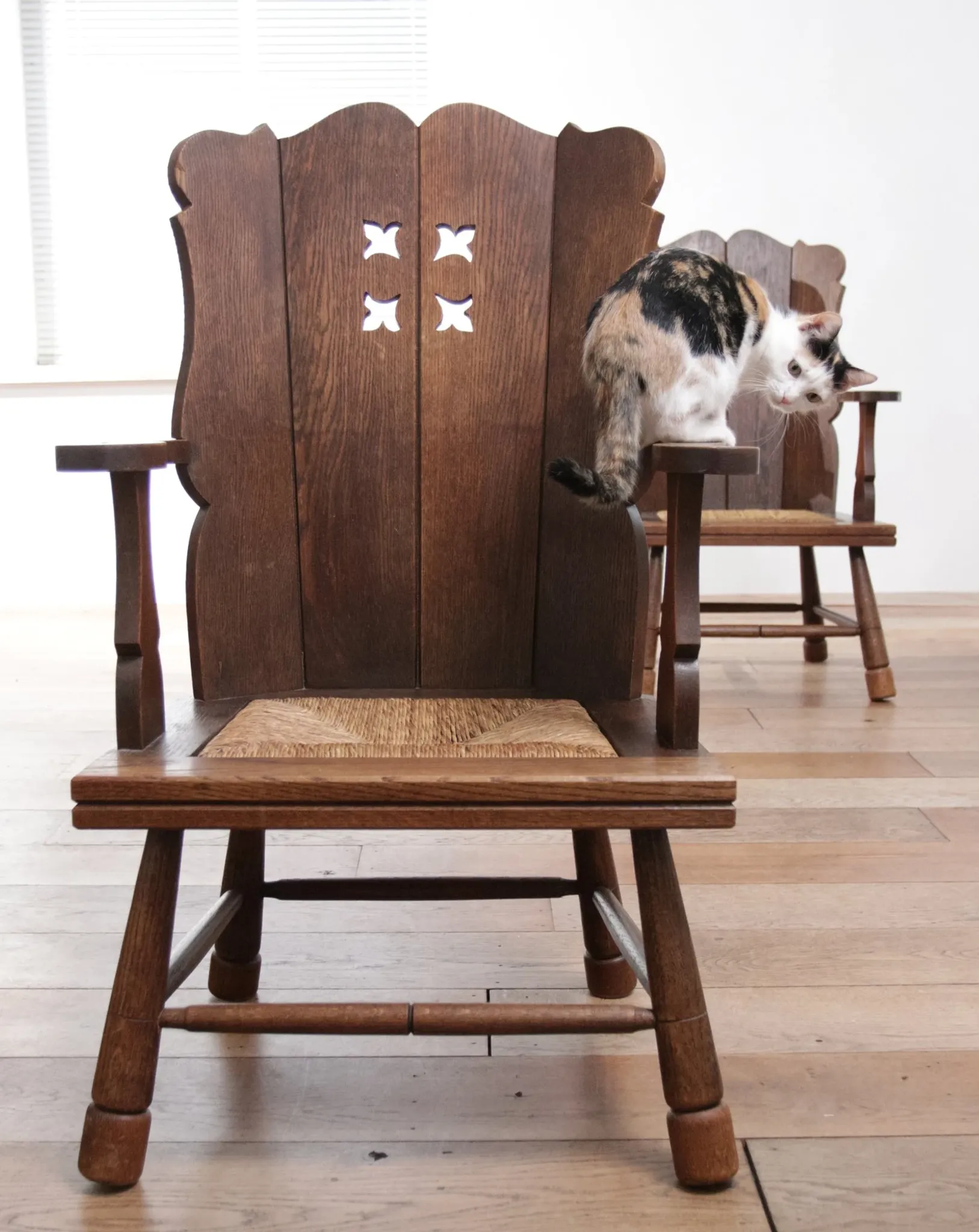 Pair of brutalist oak lounge chairs with rush seats, circa 1935