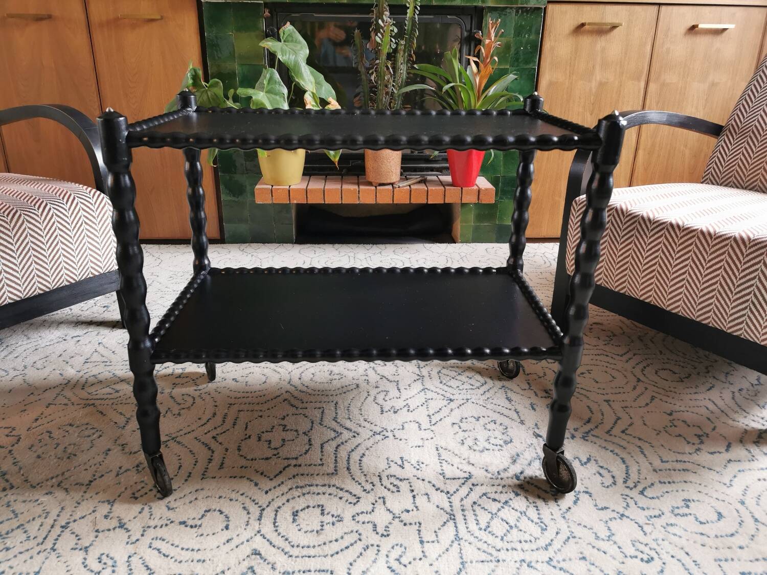 Vintage black rolling serving cart