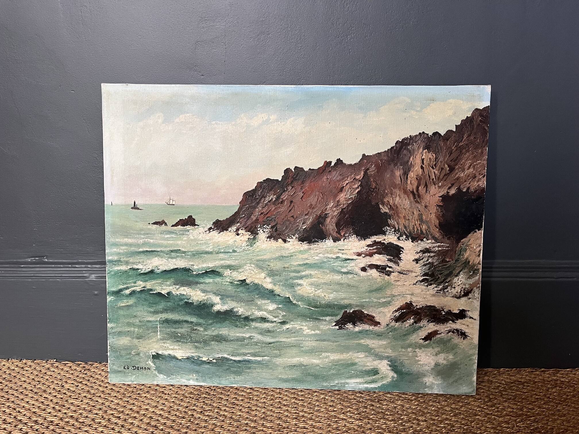 Tableau, paysage marin, gouache sur toile