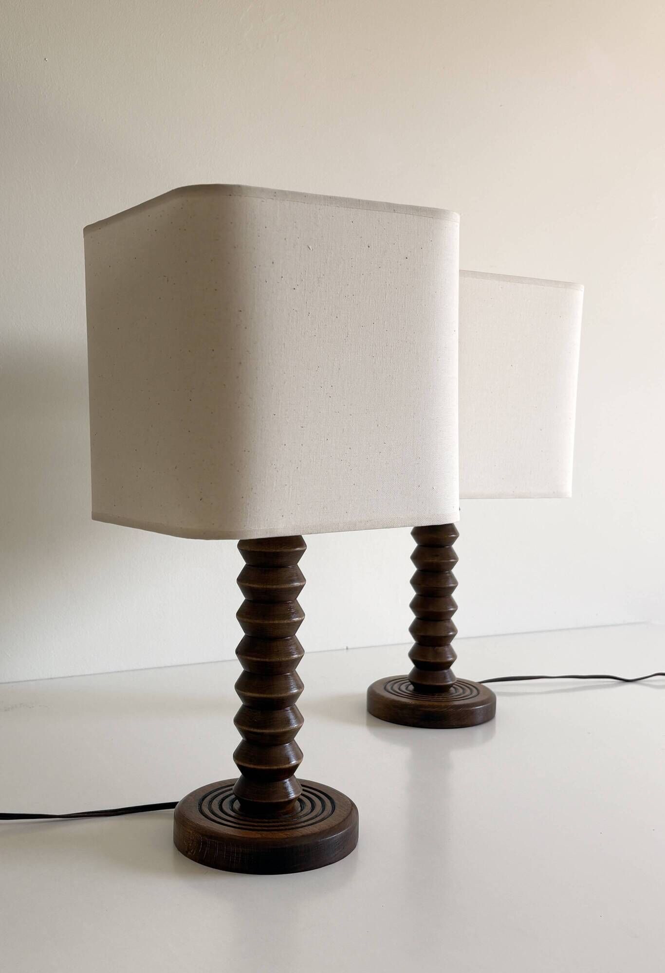 Pair of French Art Deco Wooden Table Lamps Attributed to Charles Dudouyt