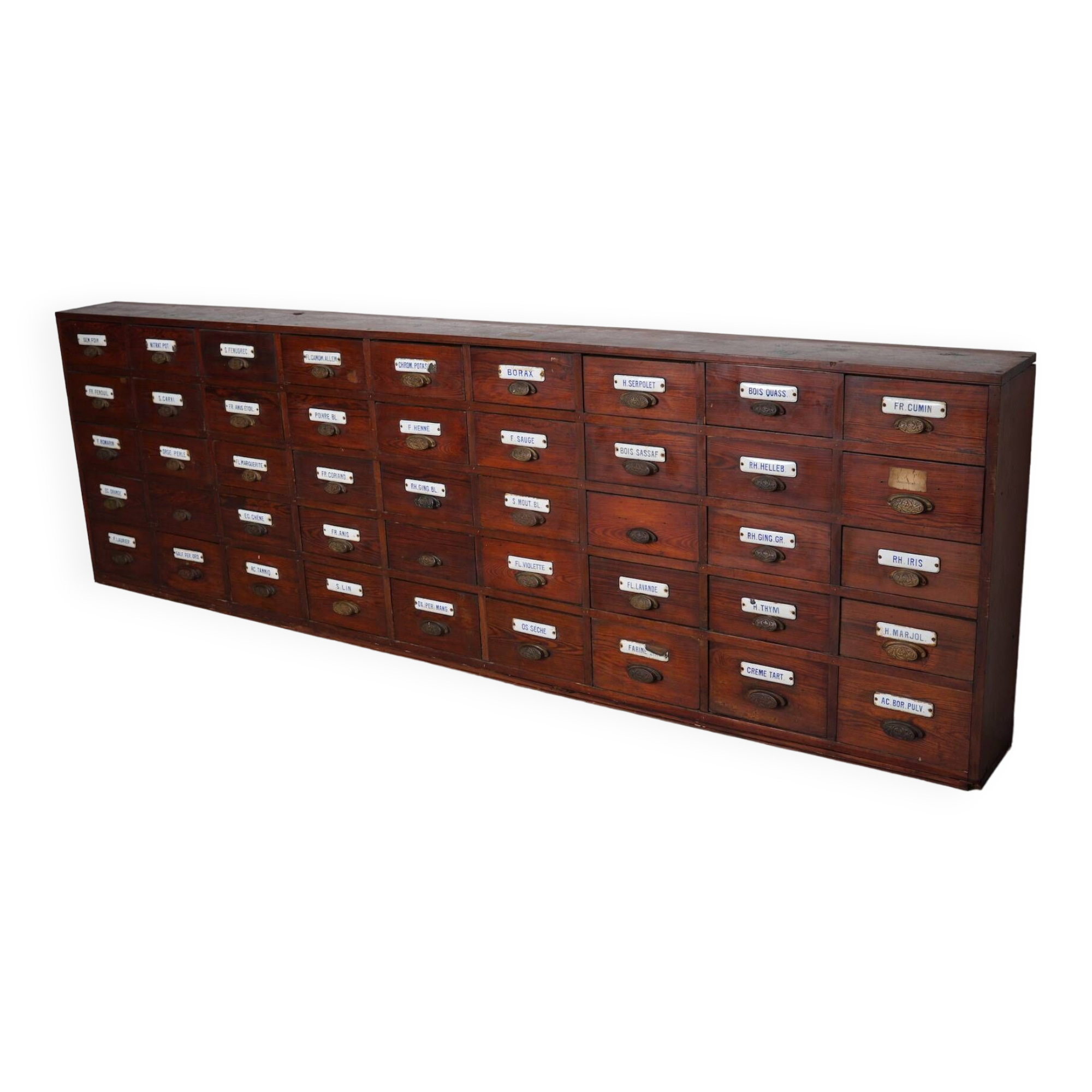 Large Antique Belgian Pitch Pine Apothecary Cabinet with Enamel Shields, 1900s