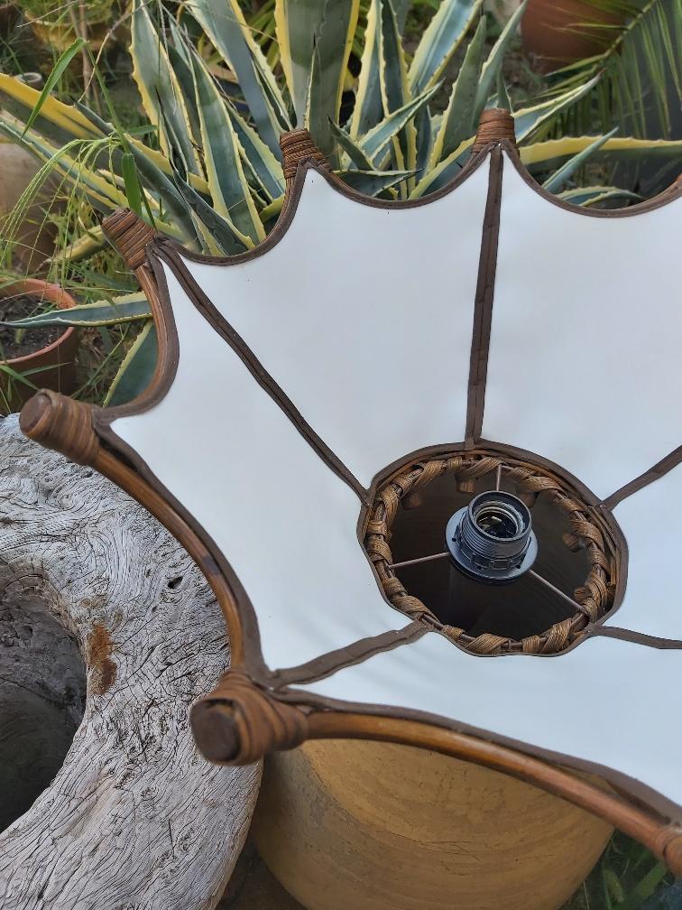 Scandinavian rattan hanging lamp, wood and vintage fabric