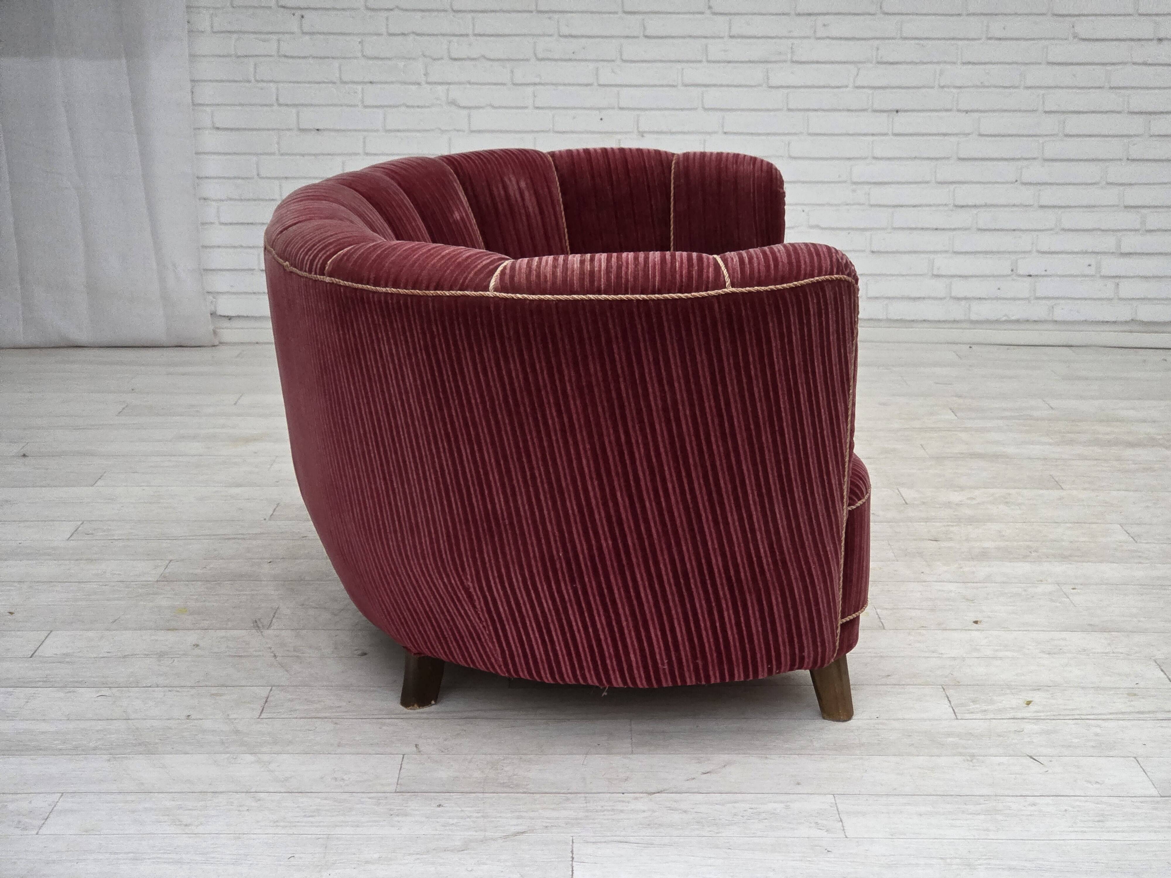 1960s, Danish 2-seater "Banana" sofa, red furniture velour, oak wood.