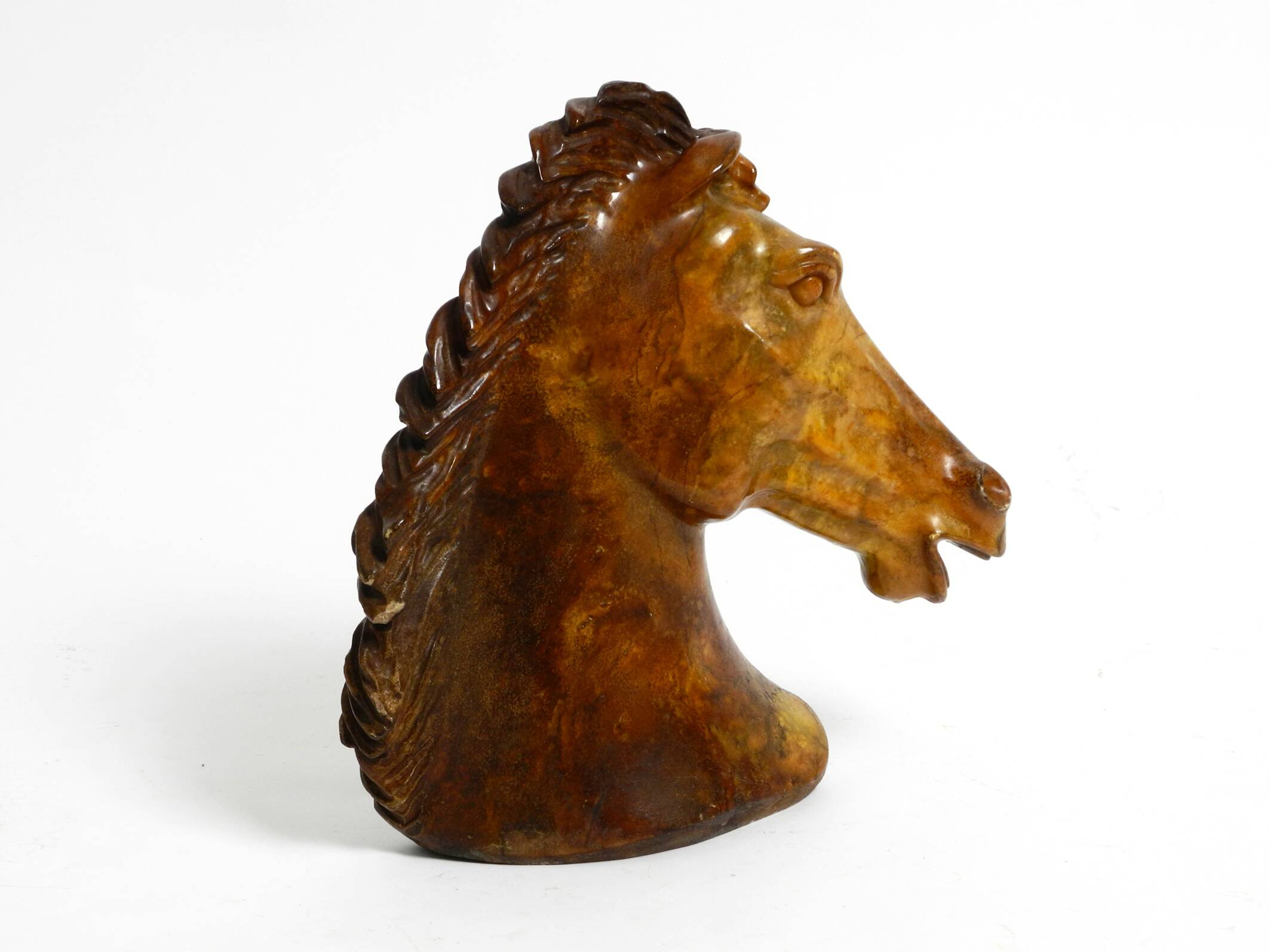 Decorative heavy lifelike 1960's horse head sculpture in brown soapstone