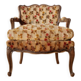 Fauteuil cabriolet ancien en velours fleuri – Style Louis XV / Rétro chic