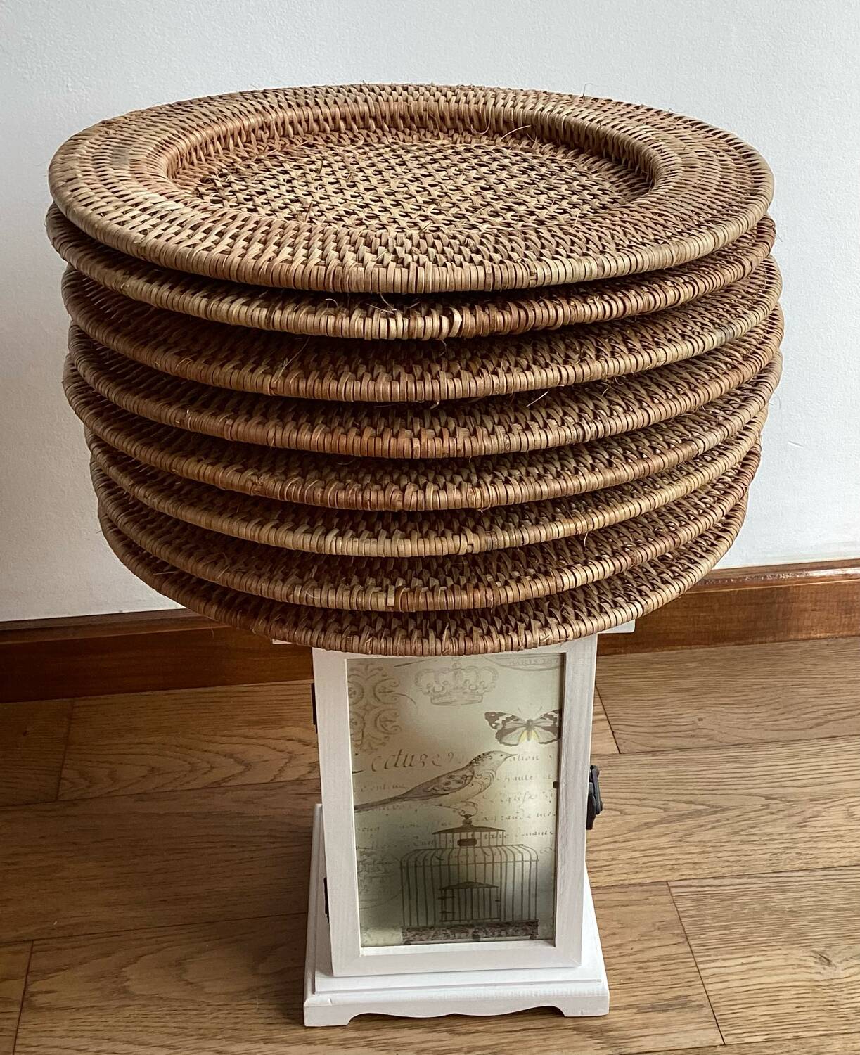 Set of round woven rattan and canework coasters