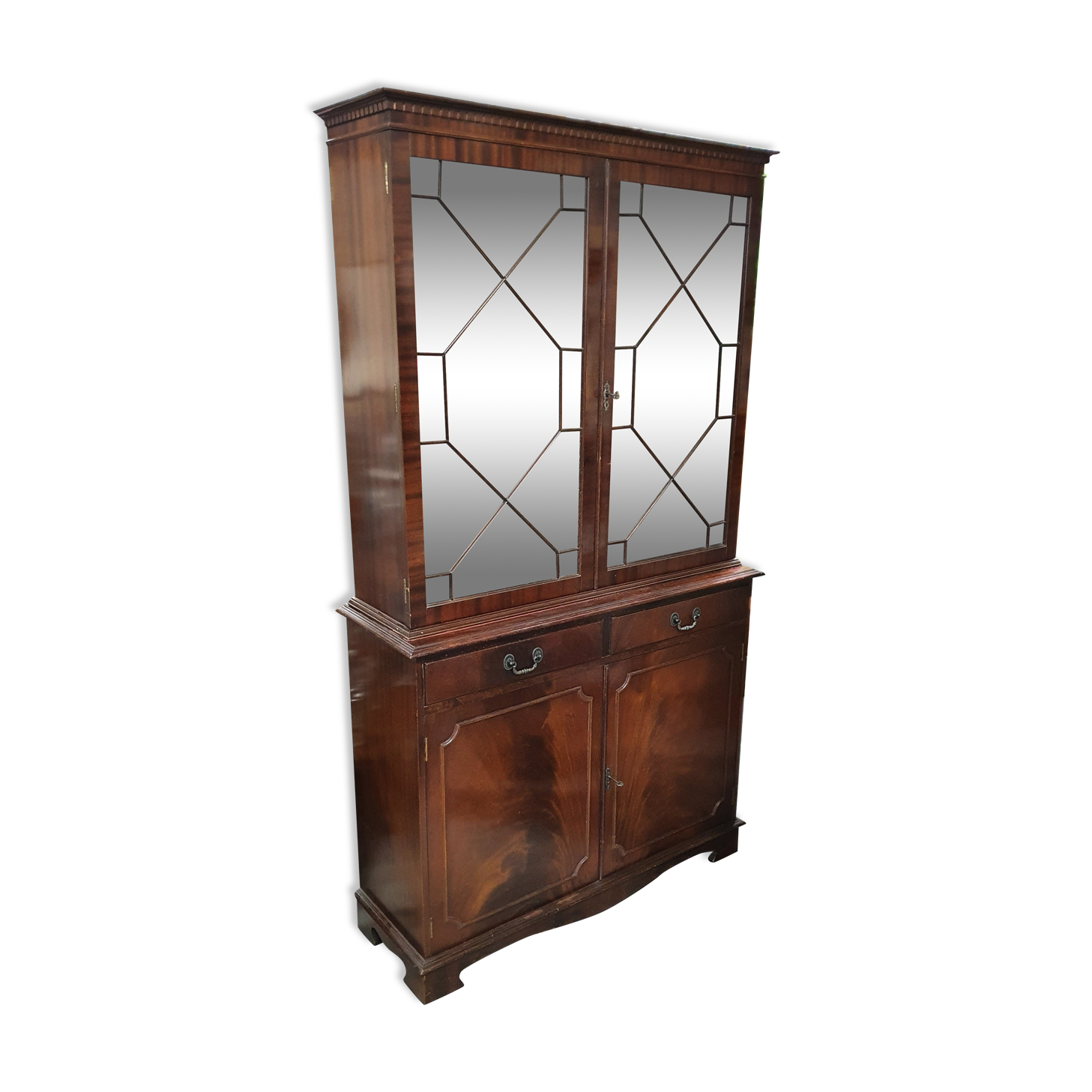 English showcase, two bodies, solid mahogany an of the 50s