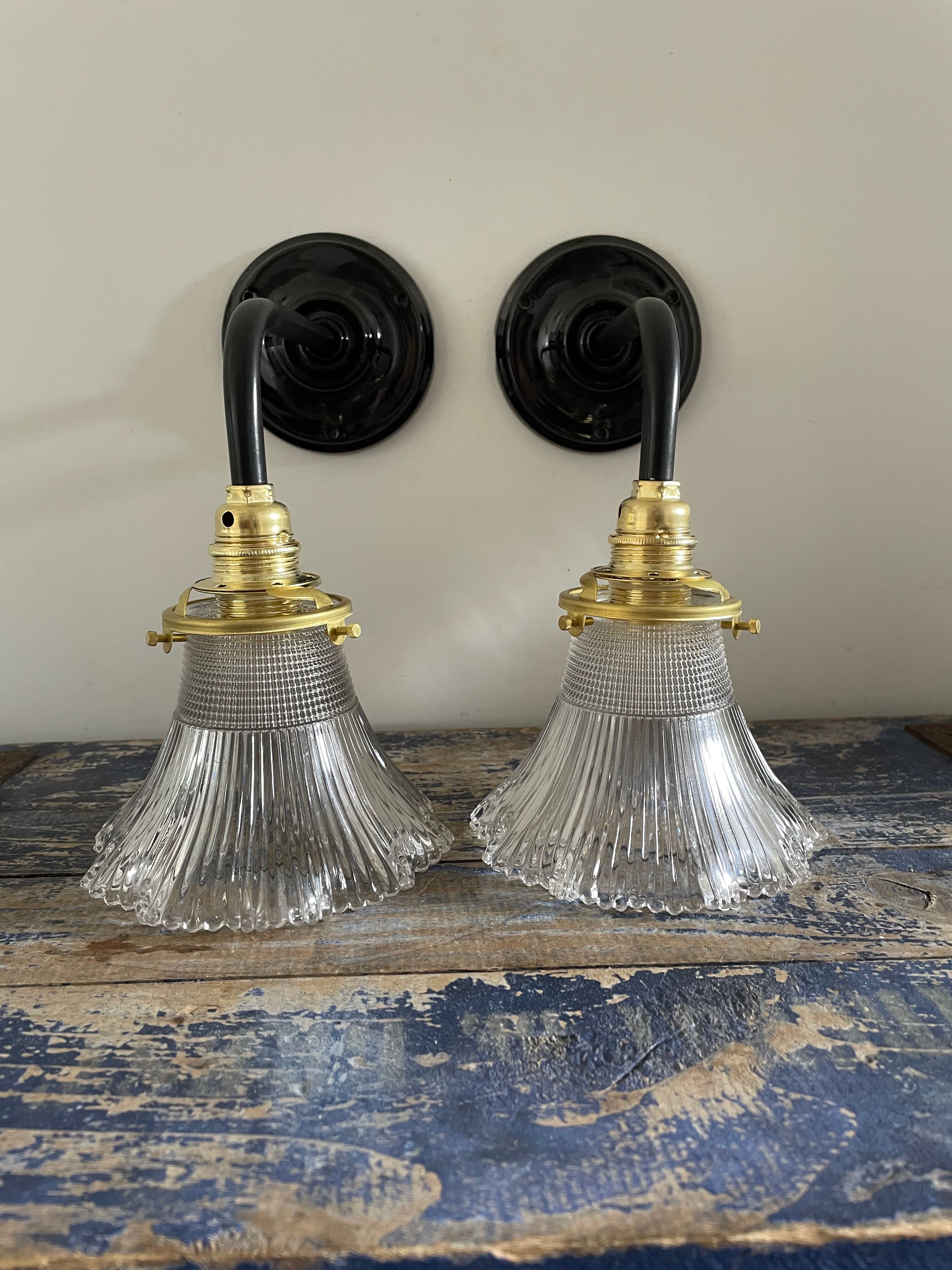 Pair of vintage holophane glass sconces electrified