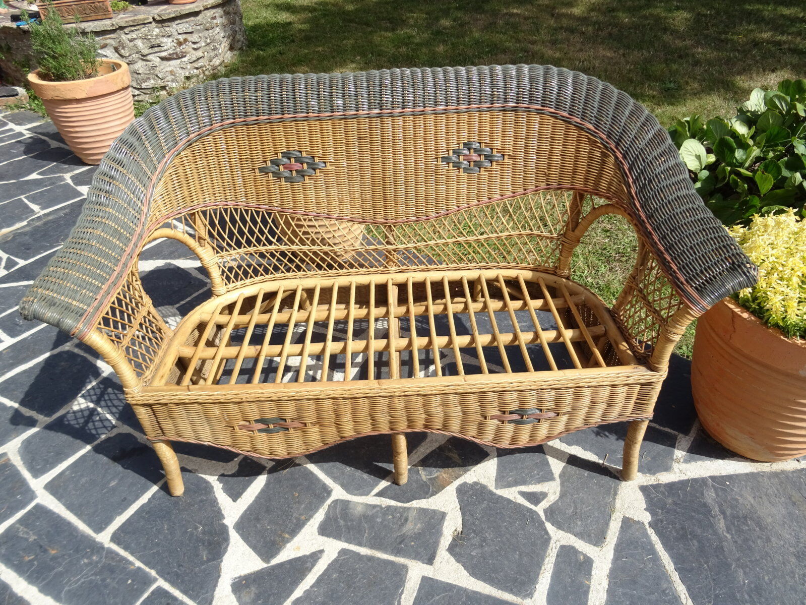 Vintage rattan lounge: one bench, two armchairs