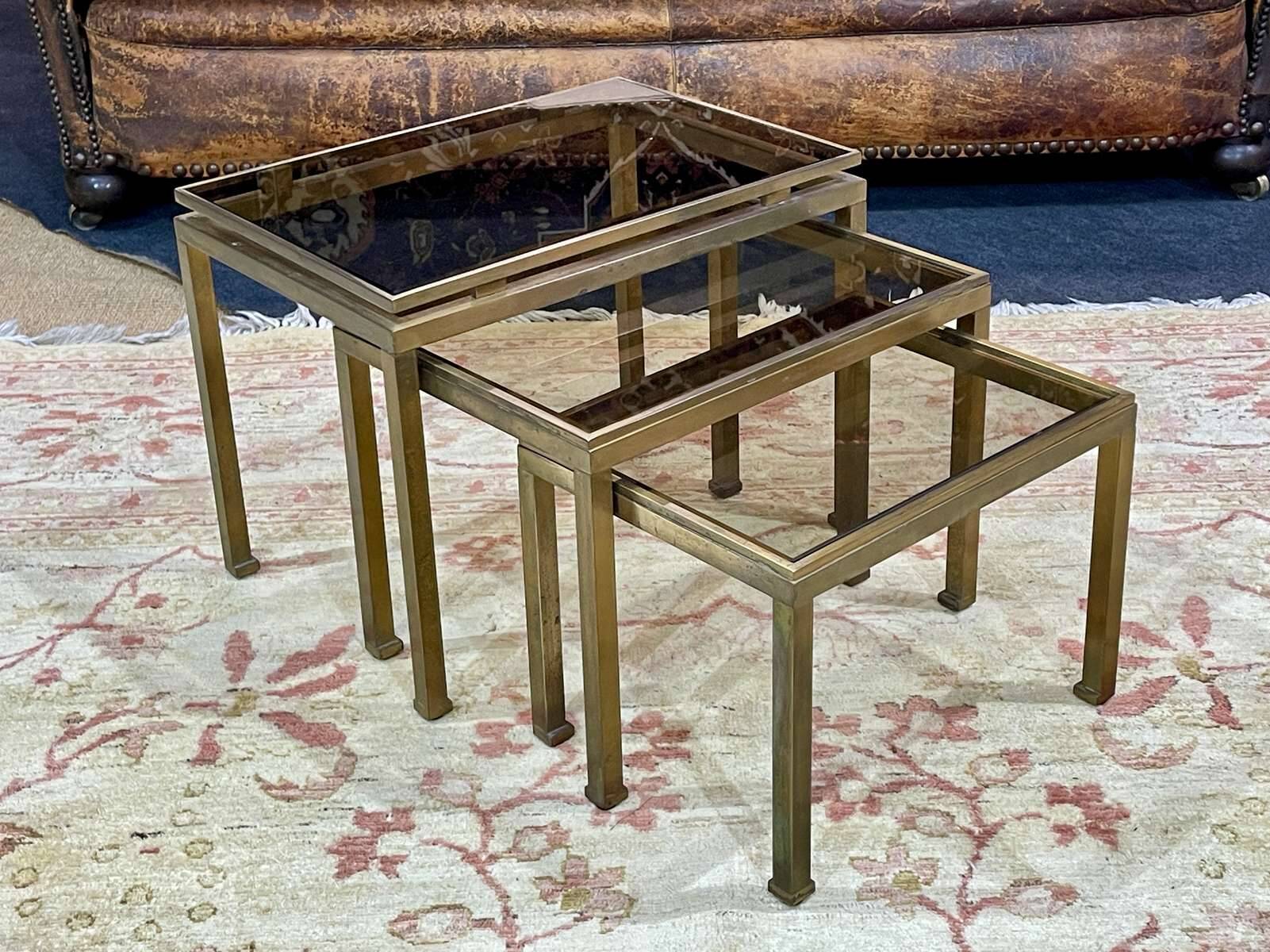 Set of 3 brass nesting tables by Guy Lefevre for Maison Jansen