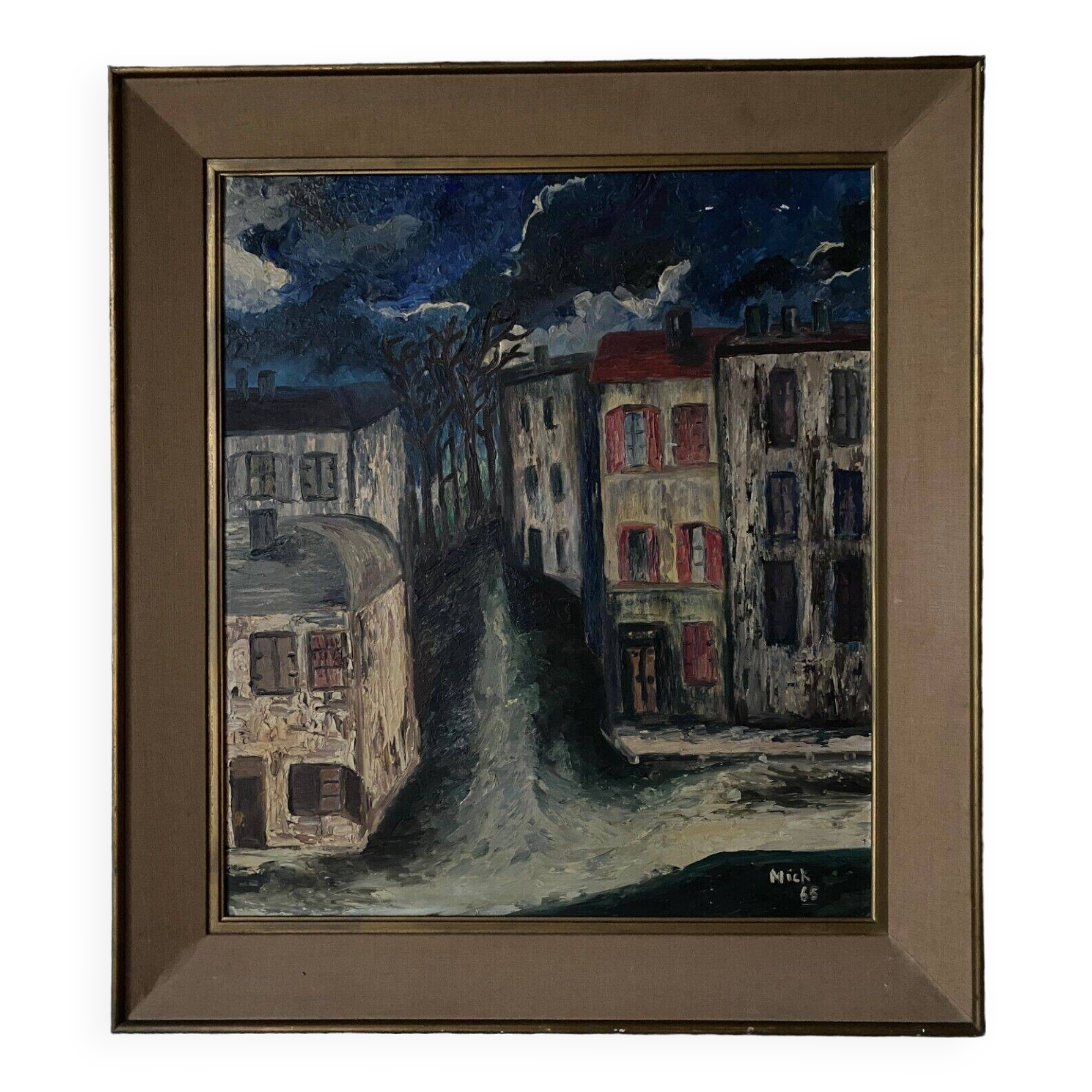 Oil on panel by Mick depicting a street at night 1965