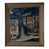 Huile sur panneau par Mick représentant une rue la nuit 1965