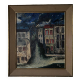 Oil on panel by Mick depicting a street at night 1965