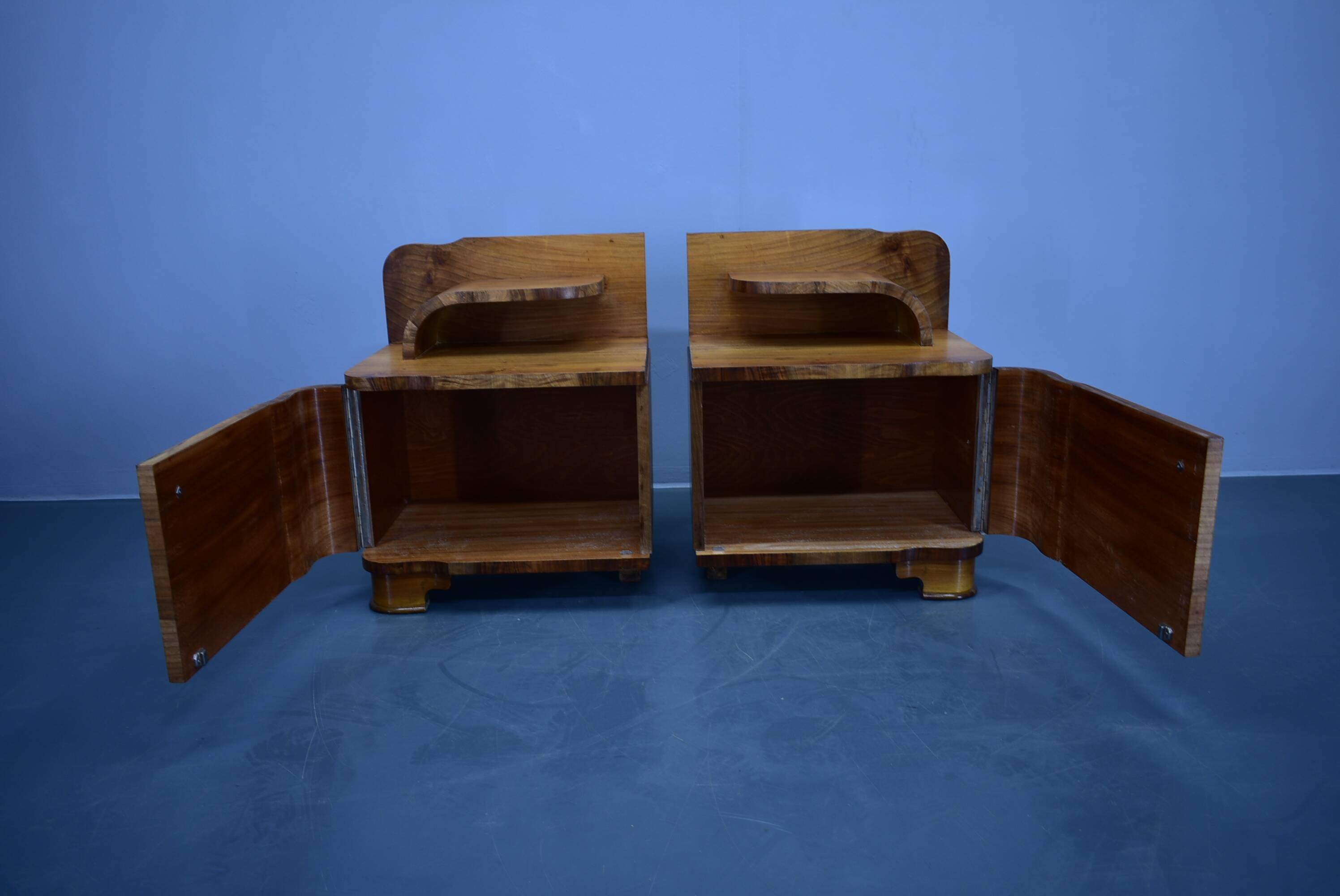 1930s Art Deco nightstands in walnut finish, Czechoslovakia
