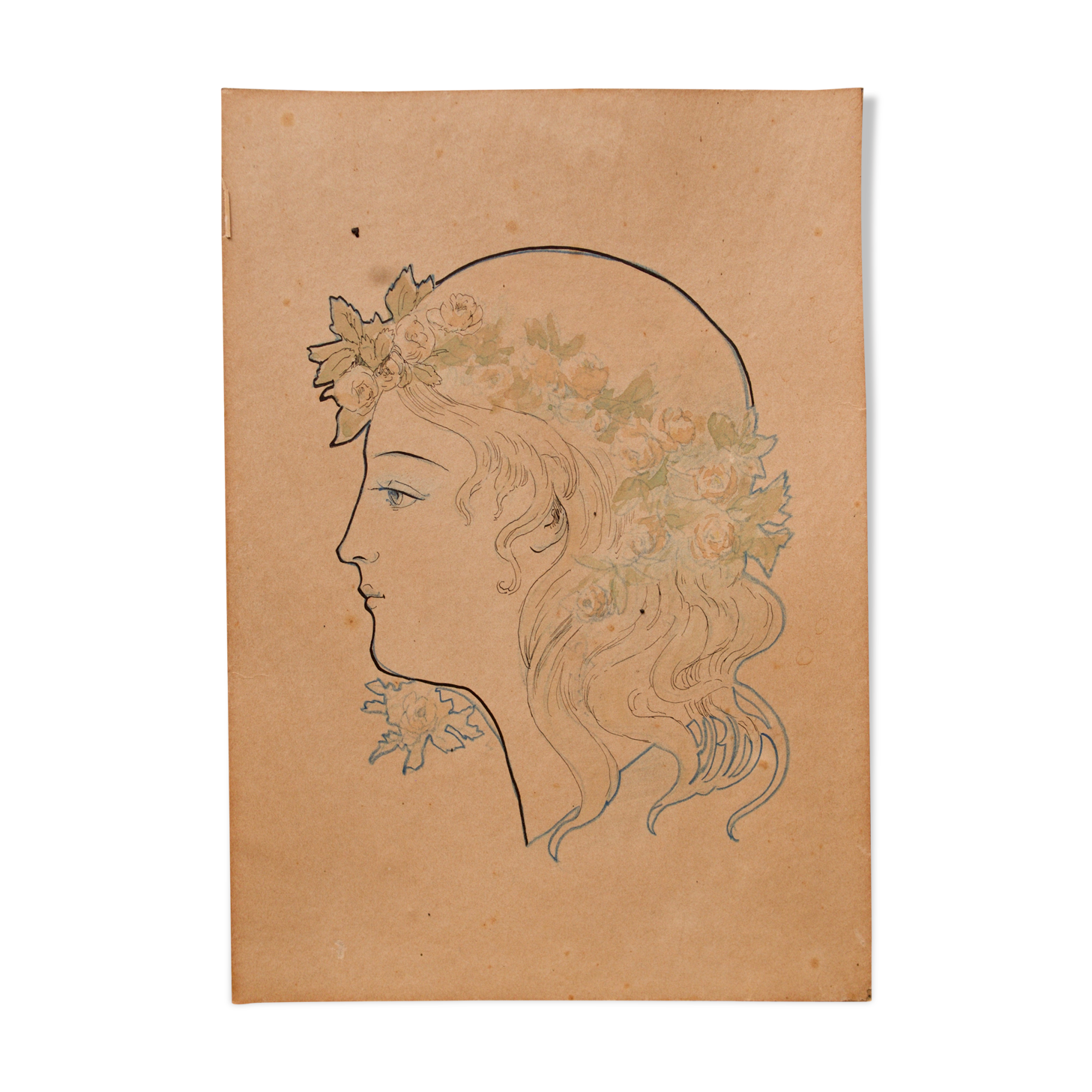 Original old drawing art nouveau portrait of a woman