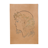 Original old drawing art nouveau portrait of a woman