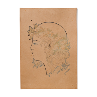 Dessin ancien original art nouveau portrait de femme