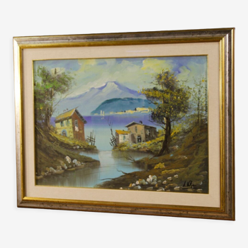 Italian lake view signed painting oil on canvas