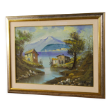 Italian lake view signed painting oil on canvas