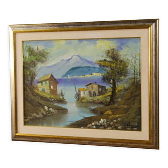 Italian lake view signed painting oil on canvas