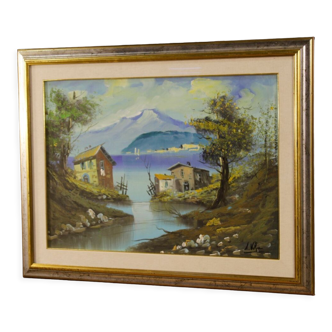 Peinture huile sur toile Vue sur le lac italien signé