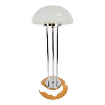 Vintage Mushroom Opaline Glass and Chrome Table Lamp, 1970s