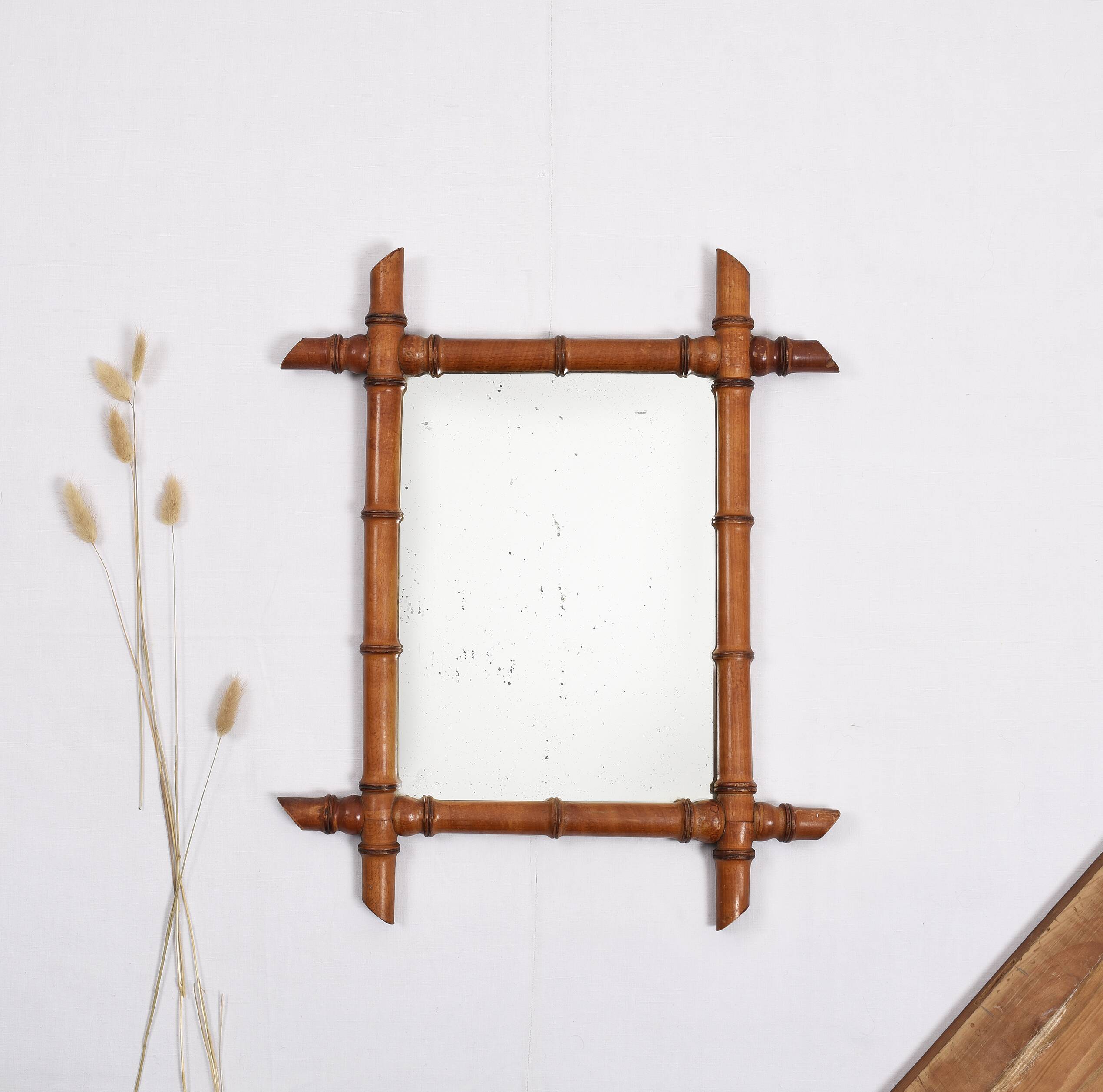 Old turned wooden mirror, bamboo imitation