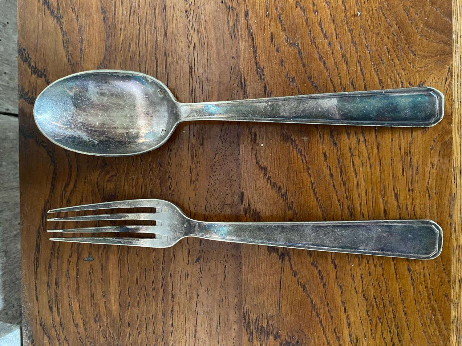 Ancien Couvert Fourchette & Cuillère Metal Argenté + Boite Parure Vintage #B337