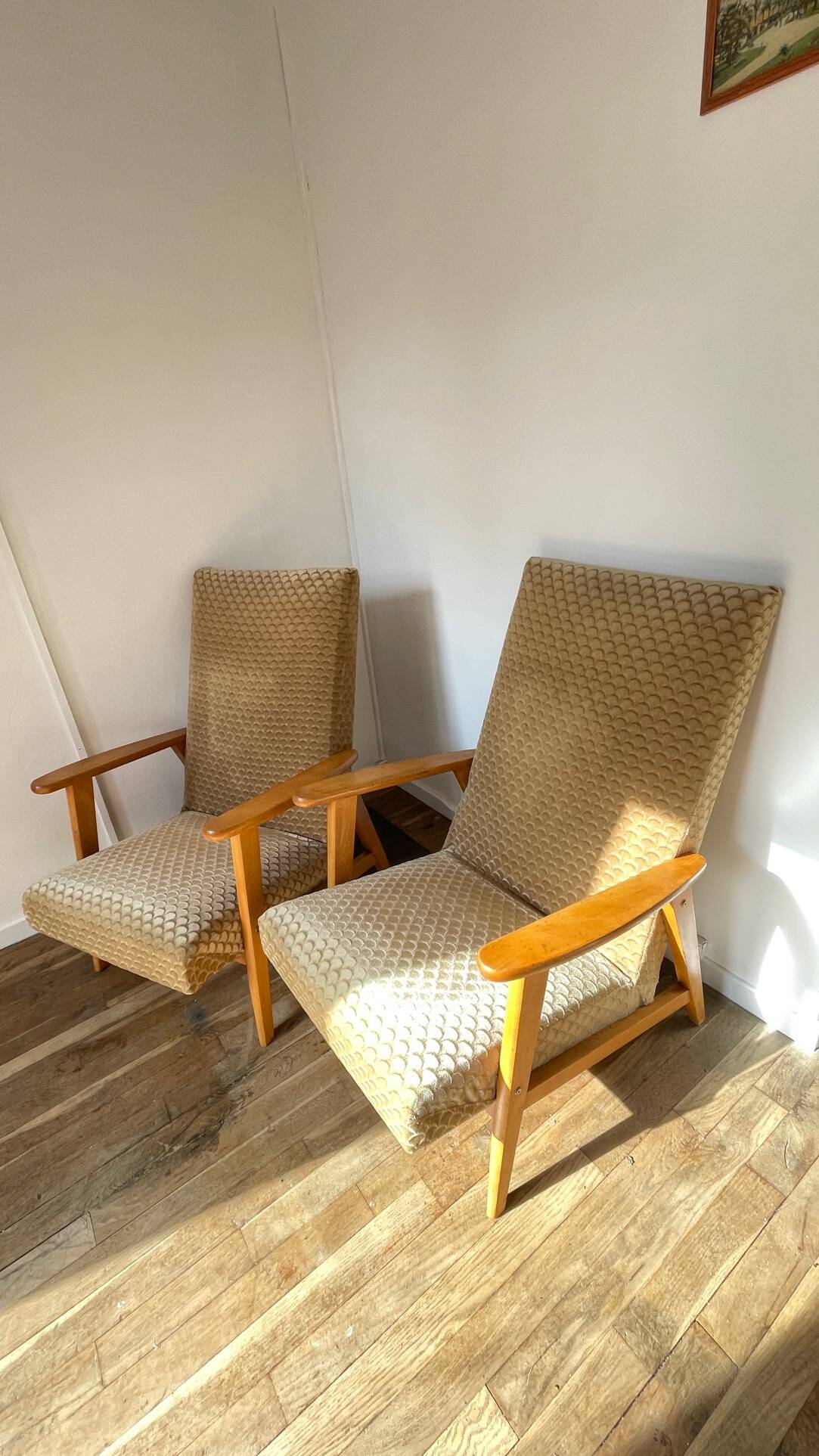 Pair of Manucere armchairs with vintage compass legs