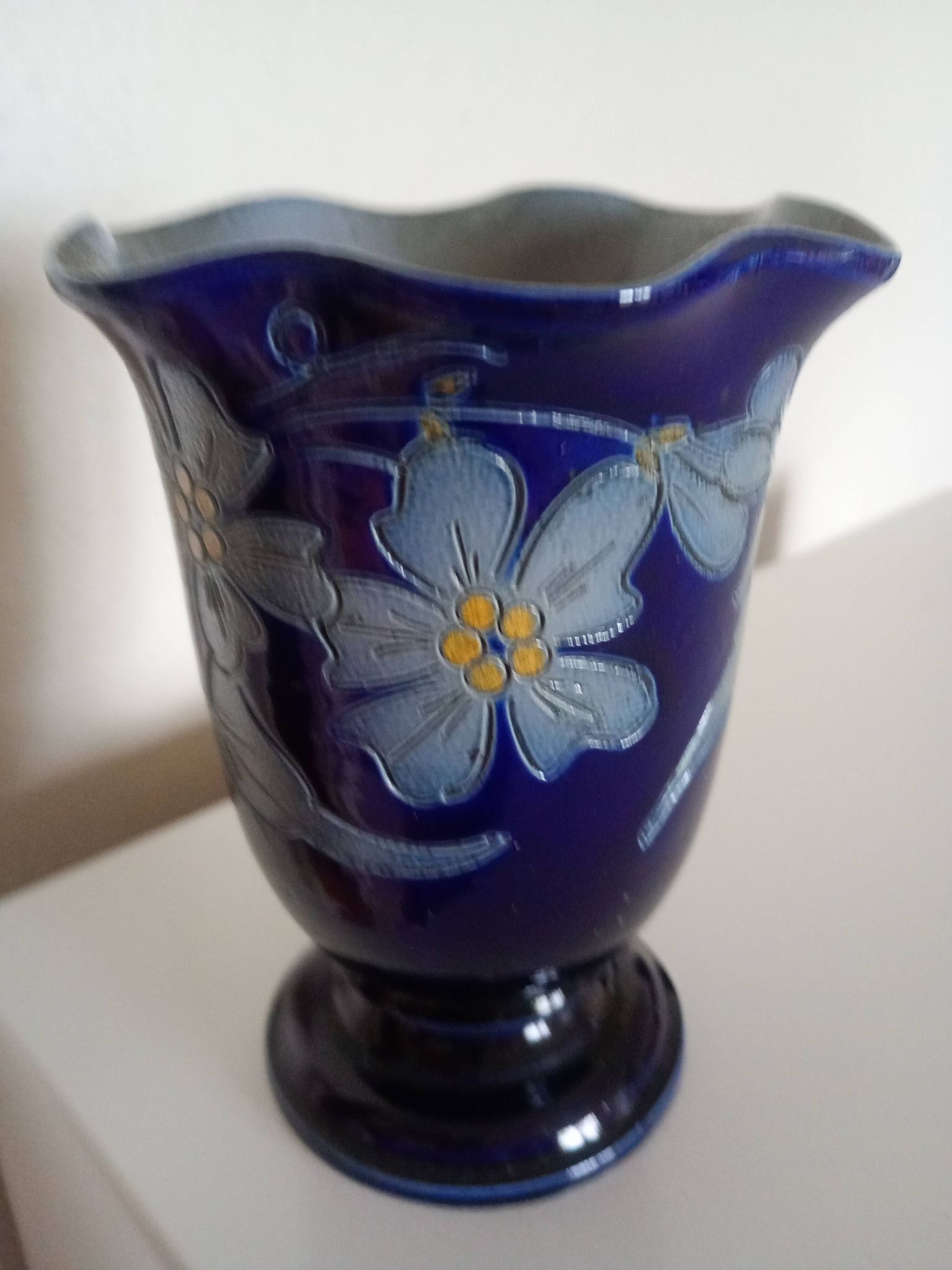 Betschdorf Schmitter grès d'Alsace, cobalt  - Vase corolle aux fleurs