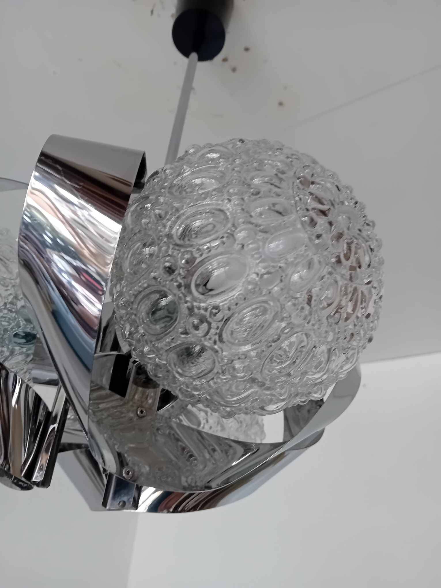 3 ball chandelier with stainless steel frame from the 70s Space Age