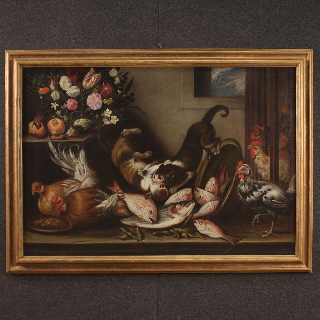 Great 18th century still life with animals, flowers and fruit